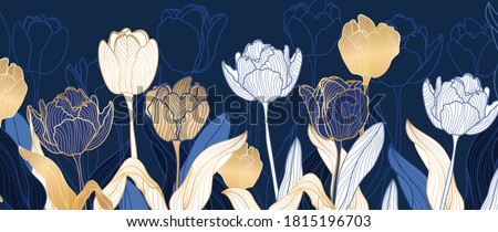 luxury gold floral line art wallpaper vector. Exotic botanical background, Tulip flower vintage boho style for textiles, wall art, fabric, wedding invitation, cover design Vector illustration.