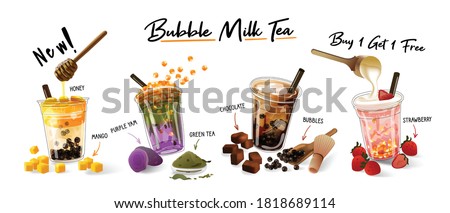 Bubble milk tea Special Promotions design, Boba milk tea, Pearl milk tea , Yummy drinks, coffees and soft drinks with logo and doodle style advertisement banner. Vector illustration.