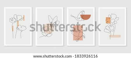 Flower and bird wall art vector set. Earth tone boho foliage flower line art drawing with  bird and butterfly.  Abstract Plant Art design for print, cover, wallpaper, Minimal and  natural wall art.

