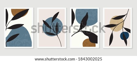 Botanical wall art vector set. Earth tone boho foliage line art drawing with  abstract shape.  Abstract Plant Art design for print, cover, wallpaper, Minimal and  natural wall art.
