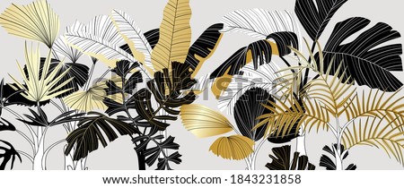 Luxury gold and black tropical plant background vector. Floral pattern with golden tropical palm, coconut tree, split-leaf Philodendron plant ,Jungle plants line art on white background.
