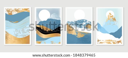 Gold Mountain wall art vector set. Earth tones landscapes backgrounds set with moon and sun.  Abstract Plant Art design for print, cover, wallpaper, Minimal and  natural wall art. 