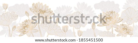 Luxurious background design with golden lotus. Lotus flowers line arts design for wallpaper, natural wall arts, banner, prints, invitation and packaging design. vector illustration.