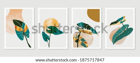 Botanical and gold abstract wall arts vector collection.  Golden and luxury pattern design with leaves line arts, Hand draw Organic shape design for wall framed prints, canvas prints, poster, home dec