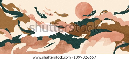 Luxury oriental style wall arts vector. Abstract arts design with Koi fish, Ocean, mountain, sun, moon texture texture and brush design for wallpaper, wall framed prints, canvas prints and home decor.