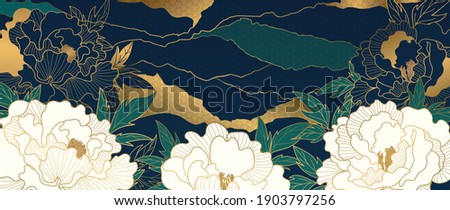 Luxury gold floral oriental style background vector. Flower wallpaper design with peony flower, Japanese, Chinese oriental line art with golden texture. Vector illustration.