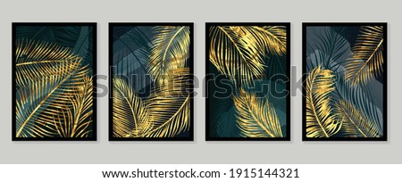 Botanical wall art vector set. Golden foliage line art drawing with  abstract shape.  Abstract Plant Art design for wall framed prints, canvas prints, poster, home decor, cover, wallpaper.