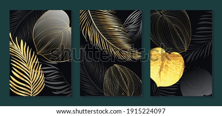 Luxury gold wallpaper.  Black and golden abstract background. Tropical leaves wall art design with dark blue and green color, shiny golden light texture. Modern art mural wallpaper.