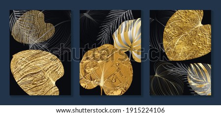 Luxury gold wallpaper.  Black and golden background. Tropical leaves wall art design with dark blue and green color, shiny golden light texture. Modern art mural wallpaper. Vector illustration.