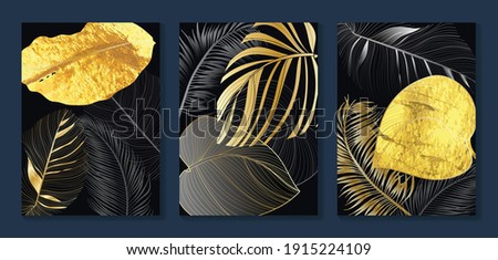 Luxury gold wallpaper.  Black and golden background. Tropical leaves wall art design with dark blue and green color, shiny golden light texture. Modern art mural wallpaper. Vector illustration.