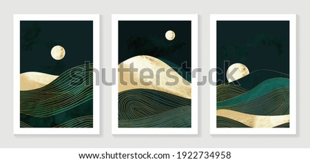 Gold mountain background vector. Mid century landscape art with sun and moon, Sea and Ocean. Modern contemporary art design for acrylic canvas , digital Prints, wallpaper, Poster, metal poster prints