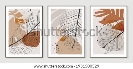 Botanical wall art vector set. Golden foliage line art drawing with watercolor.  Abstract Plant Art design for wall framed prints, canvas prints, poster, home decor, cover, wallpaper.
