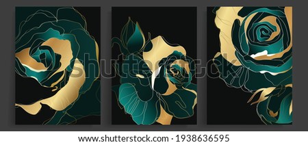Luxury gold and dark green rose abstract line art background vector. Wall art design with emerald and gold colors. Vector illustration 