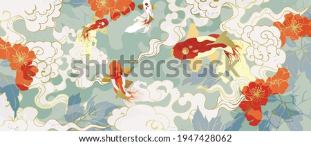 Luxury gold oriental style background vector. Chinese and Japanese oriental line art with golden texture. Wallpaper design with flower and koi carp fish. Ocean and wave wall art. Vector illustration.