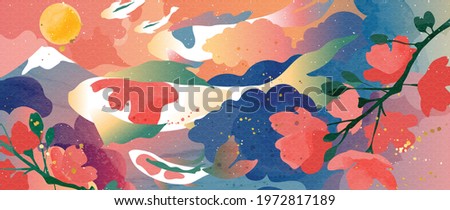 Luxury oriental style background vector. Japanese oriental line art with golden texture. Wallpaper design with Sakura flower and koi carp fish on Mount Fuji. Vector illustration.