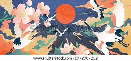 Luxury gold oriental style background vector. Chinese and Japanese oriental line art with golden texture. Wallpaper design with Cherry blossoms flower and Flamingo. Ocean and wave wall art.