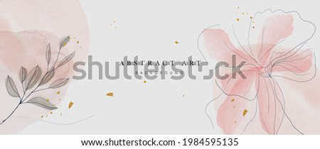 Abstract art botanical pink background vector. Luxury wallpaper with pink and earth tone watercolor, leaf, flower, tree and gold glitter. Minimal Design for text, packaging, prints, wall decoration. 商業照片 © 