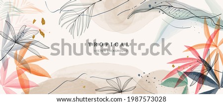 Abstract art gold tropical leaves background vector. Luxury wallpaper with watercolor, tropical leaf framed, palm leaf, flower,Vivid foliage, exotic green and gold brush glitter. 商業照片 © 