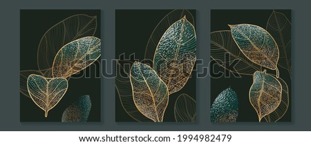 Luxury gold wallpaper.  Black and golden abstract background. Tropical leaves wall art design with dark blue and green color, shiny golden light texture. Modern art mural wallpaper.