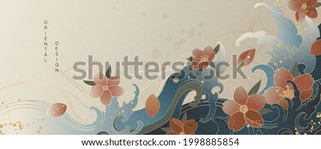 Luxury gold oriental style background vector. Chinese and Japanese oriental line art with golden texture. Wallpaper design with Cherry blossoms flower and Ocean and wave background.