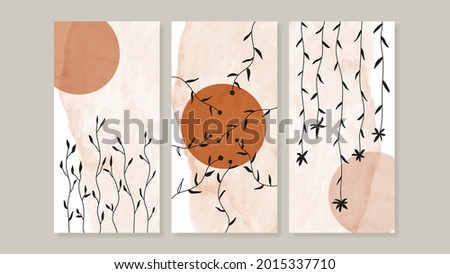 Mid century modern triptych wall art vector. Abstract art background with Natural line drawing  and watercolor organic shapes hand paint design for wall decor, poster and wallpaper.