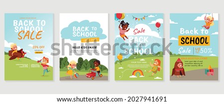 Back to school Sale vector banners. Background design with children and school playground.  Kids hand drawn flat design for poster , wallpaper, website and cover template. 