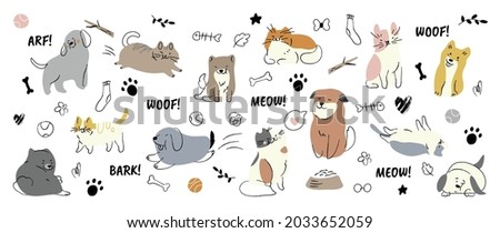 Cute dogs doodle vector set. Cartoon dog or puppy characters design collection with flat color in different poses. Set of funny pet animals isolated on white background.