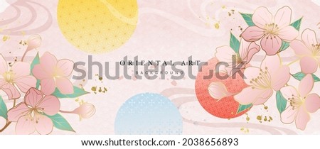 Luxury oriental style background vector. Chinese and Japanese oriental line art with golden texture. Wallpaper design with The sun and cherry blossom and Ocean and wave wall art. Vector illustration.