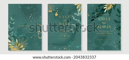 Green luxury wedding invitation card background  with golden line art flower and botanical leaves, Organic shapes, Watercolor. Abstract art background vector design for wedding and vip cover template.