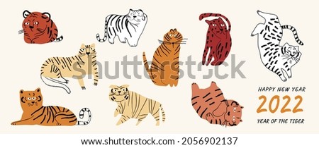 Cute Tiger doodle vector set. Cartoon Tiger characters design collection with flat color in different poses. Happy Chinese new year greeting card 2022 with cute tiger. 