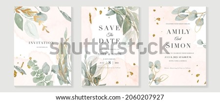 Luxury wedding invitation card background  with golden line art flower and botanical leaves, Organic shapes, Watercolor. Abstract art background vector design for wedding and vip cover template. Foto stock © 