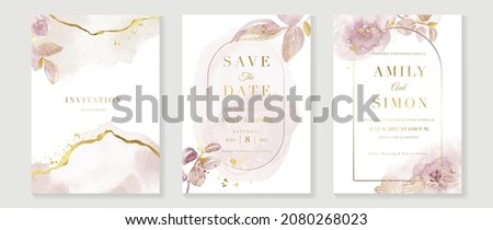 Luxury wedding invitation card background  with golden line art flower and botanical leaves, Organic shapes, Watercolor. Abstract art background vector design for wedding and vip cover template. ストックフォト © 