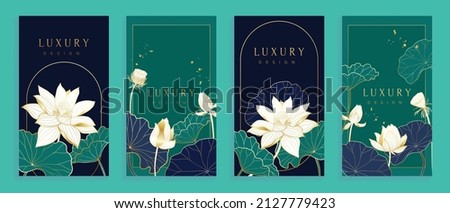 Luxury lotus hand drawn pattern on cover design template. Golden banner with white lotus, blooms and leaves design in gold line art. For social media post, internet, packaging, covers, and prints.
