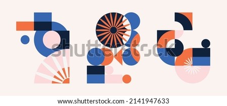 Set of geometric pattern element in mid-century style. Collection of abstract circle, square and flower shape with blue and orange color. Modern design on white background for decor, cover, print.