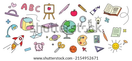 Welcome back to school vector elements. Cute hand drawn flat color with school stuffs, objects, book, pencil, pen in doodle style. Adorable banner design for education, prints, decorative, kids.