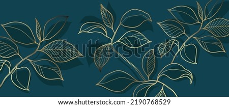 Abstract foliage line art vector background. Luxury gold wallpaper of blue tropical leaves, tree, leaf branch in hand drawn pattern. Elegant botanical jungle for banner, prints, decoration, fabric.