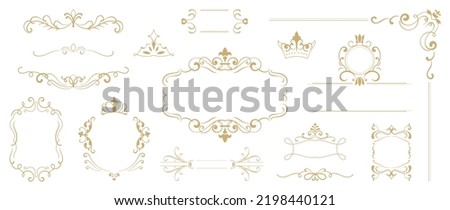 Luxury gold ornate invitation vector set. Collection of ornamental crown, dividers, border, frame, corner, components. Set of elegant design for wedding, menus, certificates, logo design, branding.