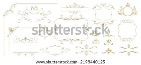 Luxury gold ornate invitation vector set. Collection of ornamental crown, dividers, border, frame, corner, components. Set of elegant design for wedding, menus, certificates, logo design, branding.