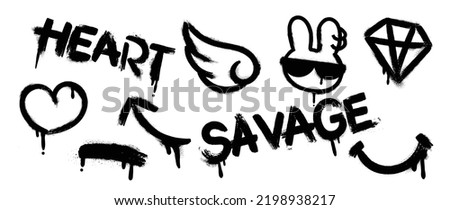 Set of graffiti spray pattern. Collection of black symbols, heart, wing, text, rabbit, dot and stroke with spray texture. Elements on white background for banner, decoration, street art and ads.