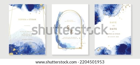 Luxury wedding invitation card template. Watercolor card with gold texture, blue color, golden frames, sparkles. Elegant watercolor texture vector design suitable for banner, cover, invitation, flyer.