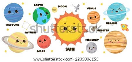 Set of cute universe planet element vector. Solar system with Sun, Mercury, Venus, Earth, Moon, Earth, Mars, Jupiter, Saturn, Uranus, Neptune. Adorable space collection for kids, education, banner.