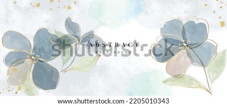 Floral in watercolor vector background. Luxury wallpaper design with blue flowers, line art, watercolor, flower garden. Elegant gold blossom flowers illustration suitable for fabric, prints, cover.