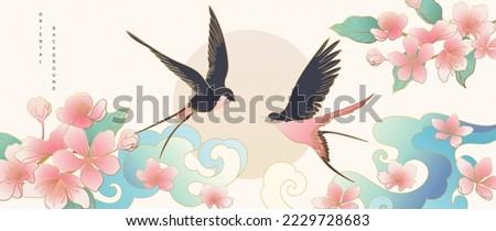 Luxury gold oriental style background vector. Chinese and Japanese wallpaper design of elegant swallow birds and cherry blossoms flowers with gradient gold line texture for decoration, wall decor. Stockfoto © 
