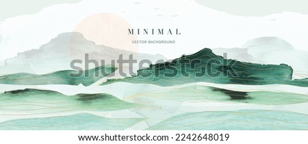 Mountain and golden line arts background vector. Luxury scenery landscape background with watercolor brush and gold line texture. Abstract art wallpaper design for print, wall art and home decor.