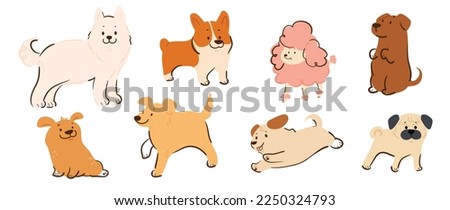 Set of cute dogs vector. Lovely dog and puppy doodle pattern in different poses, breeds, pug, corgi, poodle, samoyed with flat color. Adorable pet characters hand drawn collection on white background.