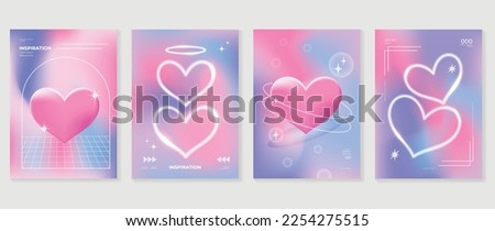 Abstract gradient Y2K style template cover vector set. Happy Valentine's Day decorate with trendy gradient heart vibrant y2k colorful background. Design for greeting card, fashion, commercial, banner.