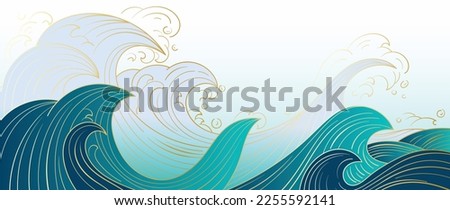 Traditional Japanese wave pattern vector. Luxury hand drawn oriental ocean wave gold line art pattern background. Art design illustration for print, fabric, poster, home decoration and wallpaper.