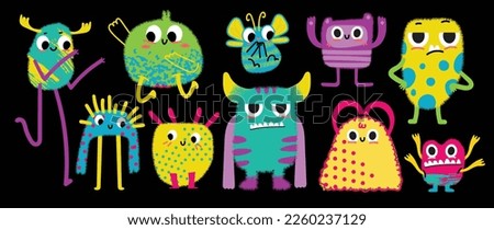Cute and Kawaii monster icon set. Collection of cute cartoon monster in different playful characters. Funny devil, alien, demon and creature flat, dot texture. Design for kids, comic, education.