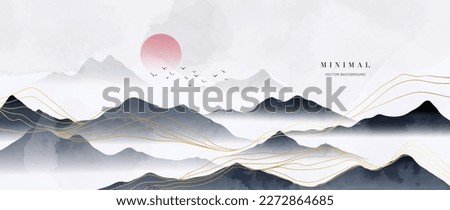 Luxury mountain wallpaper with foggy sky scenic landscape. Watercolor and gold line art texture hills background vector. Design illustration for cover, invitation, packaging, fabric, poster, print.