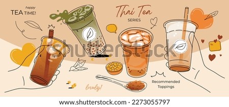 Ice tea summer drinks special promotions design. Thai tea, matcha green tea, fresh yummy drinks, bubble pearl milk tea, soft drinks with logo and doodle style for advertisement, banner, poster.
